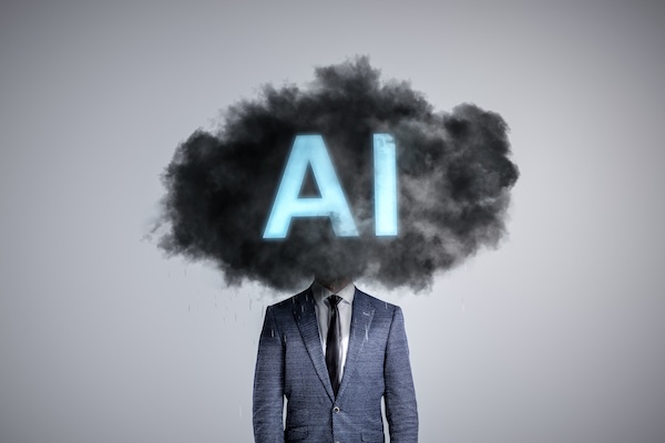 Man in suit with cloud over his head and the word AI in the cloud