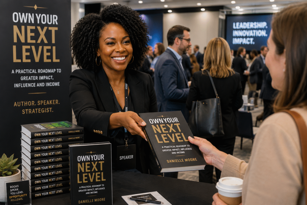 African American woman handing out books at a conference