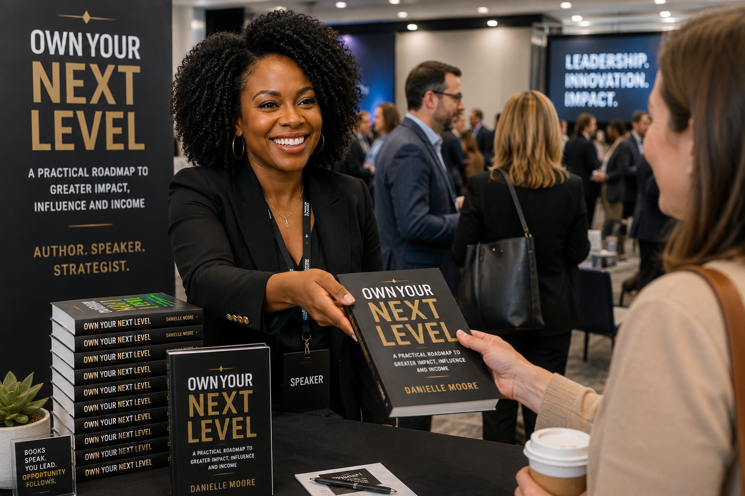 African American woman handing out books at a conference