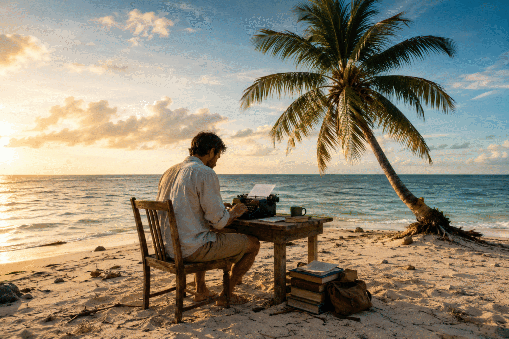 Man on beach sitting in chair at a table with a typewriter under a palm tree