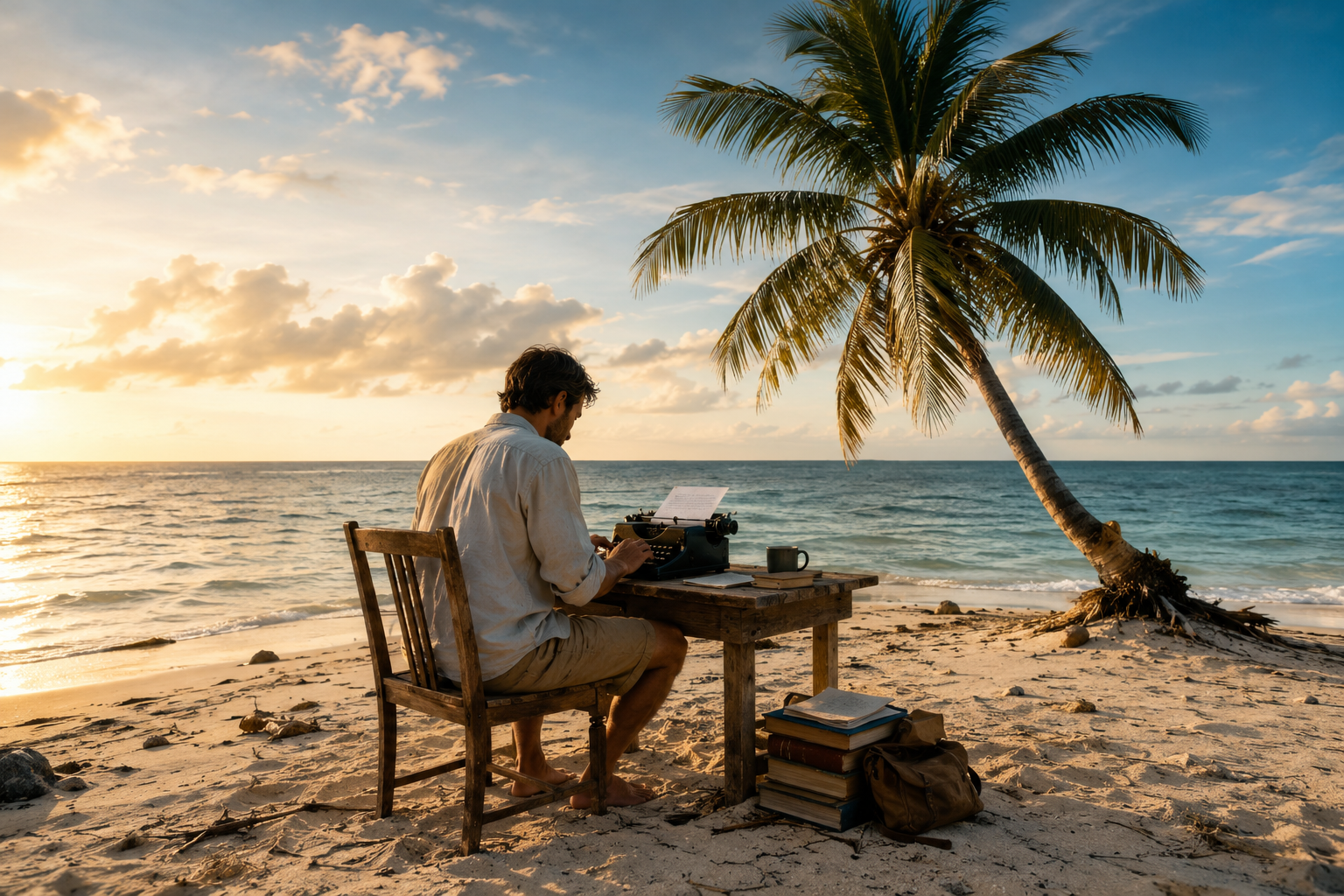 Man on beach sitting in chair at a table with a typewriter under a palm tree