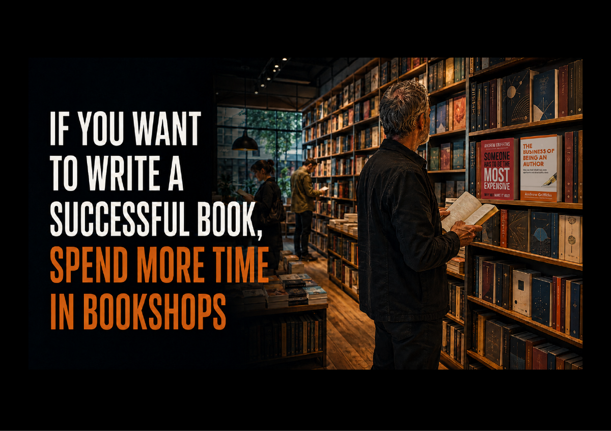 Man in bookshop with book in hands and text that says If you want to write a successful book you need to spend time in bookshops