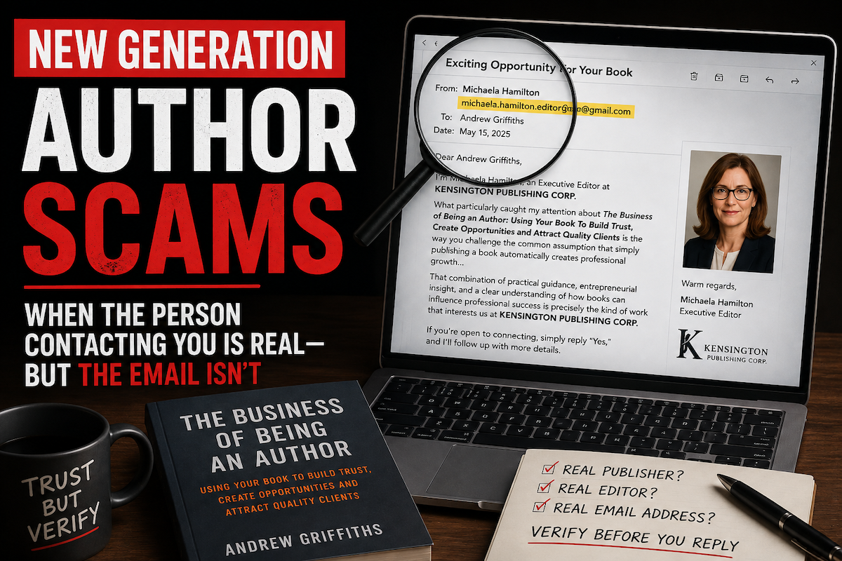 Image of computer with an email from a fake address, a magnifying glass on the address and the title of the article the new generation of author scams.