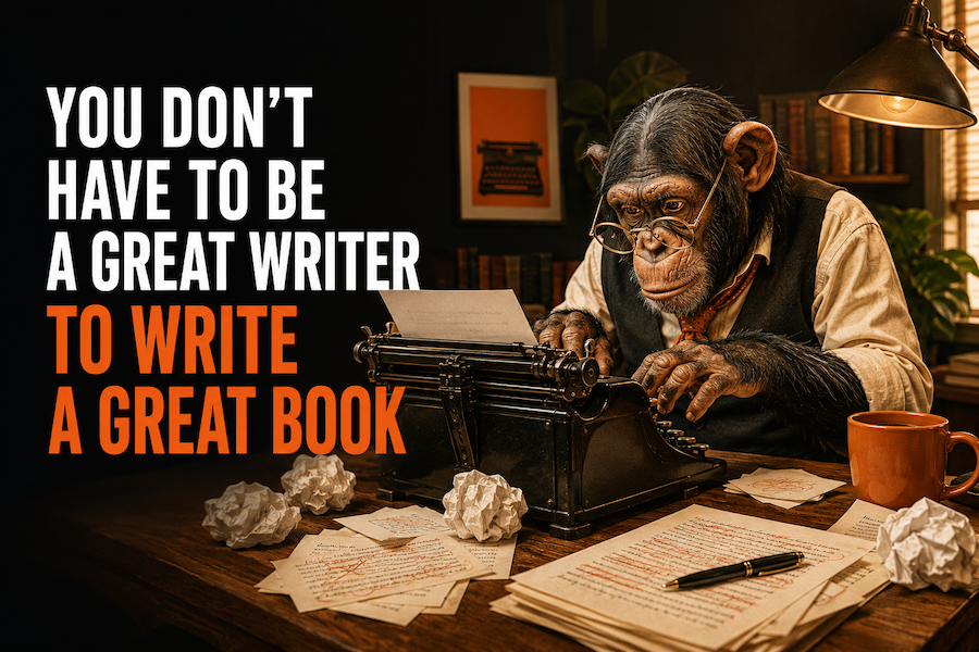 chimpanzee at typewriter with text that says You don’t need to be great writer to write a great book