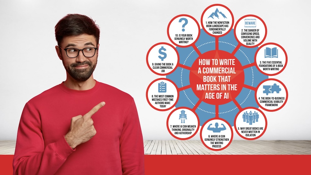 Man pointing at a 10 part framework made of circles around a central circle that says How to Write a Commercial Book That Matters in the AGE of AI